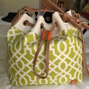 Spartina 449 Drawstring Fabric and Leather Combo Bag in Celadon Green and Cream
